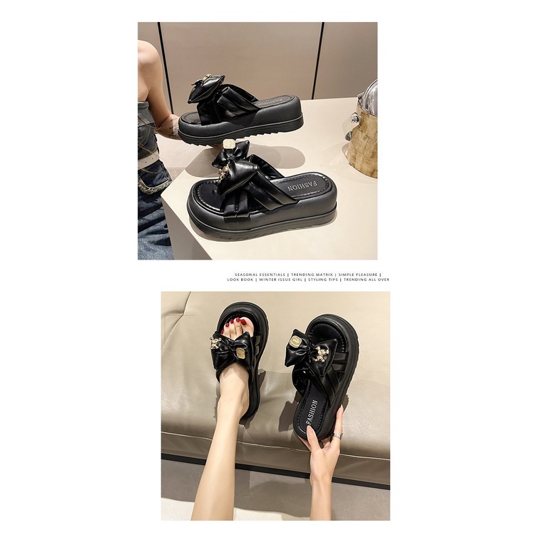 Dép Quai Ngang Đế Dày Đính Nơ Thời Trang Mùa Hè Hàn Quốc 2023