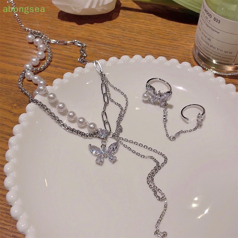 Abongsea Vòng cổ Nhiều Lớp Mặt Hình Bướm Đính Đá Zircon Ngọc Trai Thời Trang Dành Cho Nữ