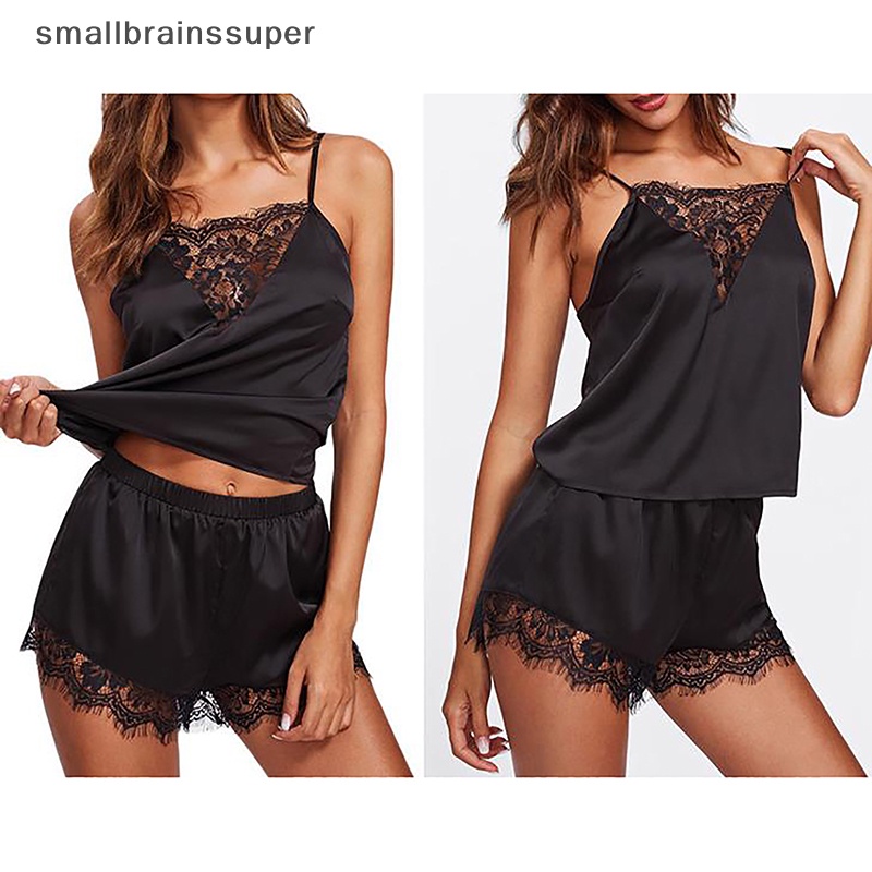 Bộ Đồ Ngủ 2 Món Bằng Lụa Sa Tanh Không Tay Phối Ren Gợi Cảm Plus Size Cho Nữ