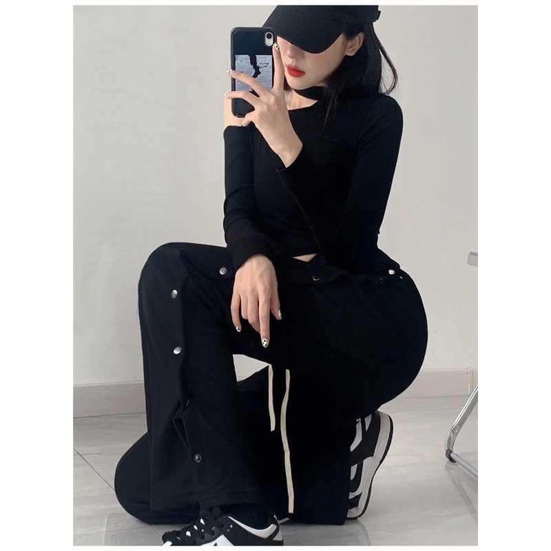 Quần Thể Thao Lưng Cao Ống Rộng Thời Trang Xuân Thu Cho Nữ