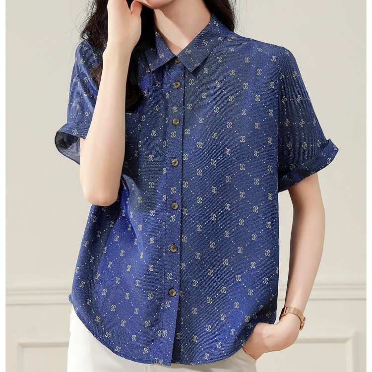 Áo Sơ Mi Lụa Tay Ngắn Dáng Rộng In Họa Tiết Giả Denim Phong Cách Retro Dành Cho Nữ