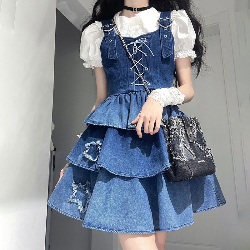 Set Áo Sơ Mi Tay Phồng + Đầm Yếm Denim Màu Gradient Thời Trang Cho Nữ