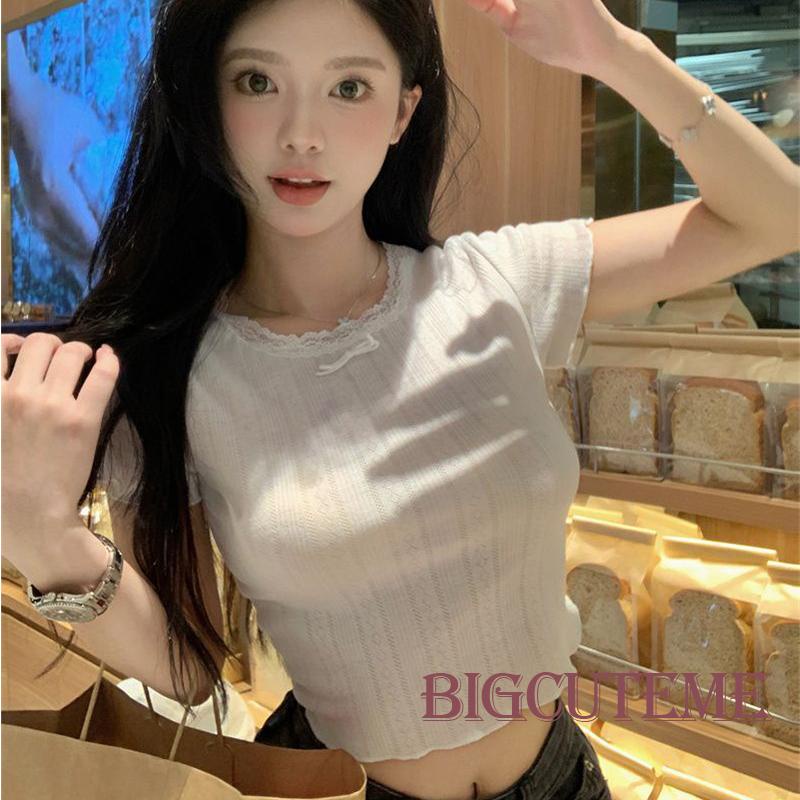 Áo Thun Crop Top Tay Ngắn Phối Ren Dễ Thương Thời Trang Mùa Hè Cho Nữ