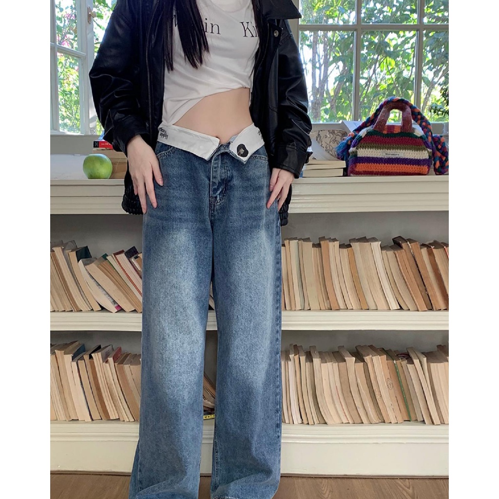 Quần Jean Ống Rộng Lưng Cao Phong Cách Retro Mỹ Thời Trang Cho Nữ