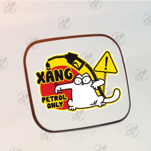 Combo 2 miếng dán trang trí bình xăng xe hơi ô tô cảnh báo chỉ đổ XĂNG CON MÈO petrol only