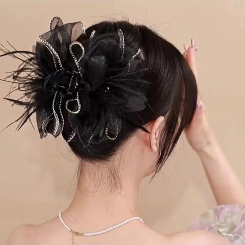 Kẹp Tóc Càng Cua Lớn Hình Hoa Lưới Đính Lông Vũ Màu Đen Thời Trang Cho Nữ