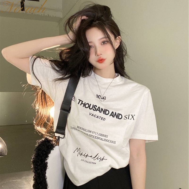 Áo Thun Tay Ngắn Dáng Rộng In Chữ Phối Dây Rút Thời Trang Mùa Hè Cho Nữ