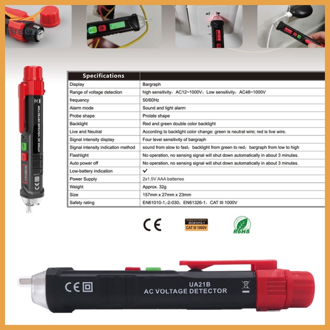 Bút Thử Điện Ua21b Không Tiếp Xúc Có Màn Hình Hiển Thị Ac / 12~1000v