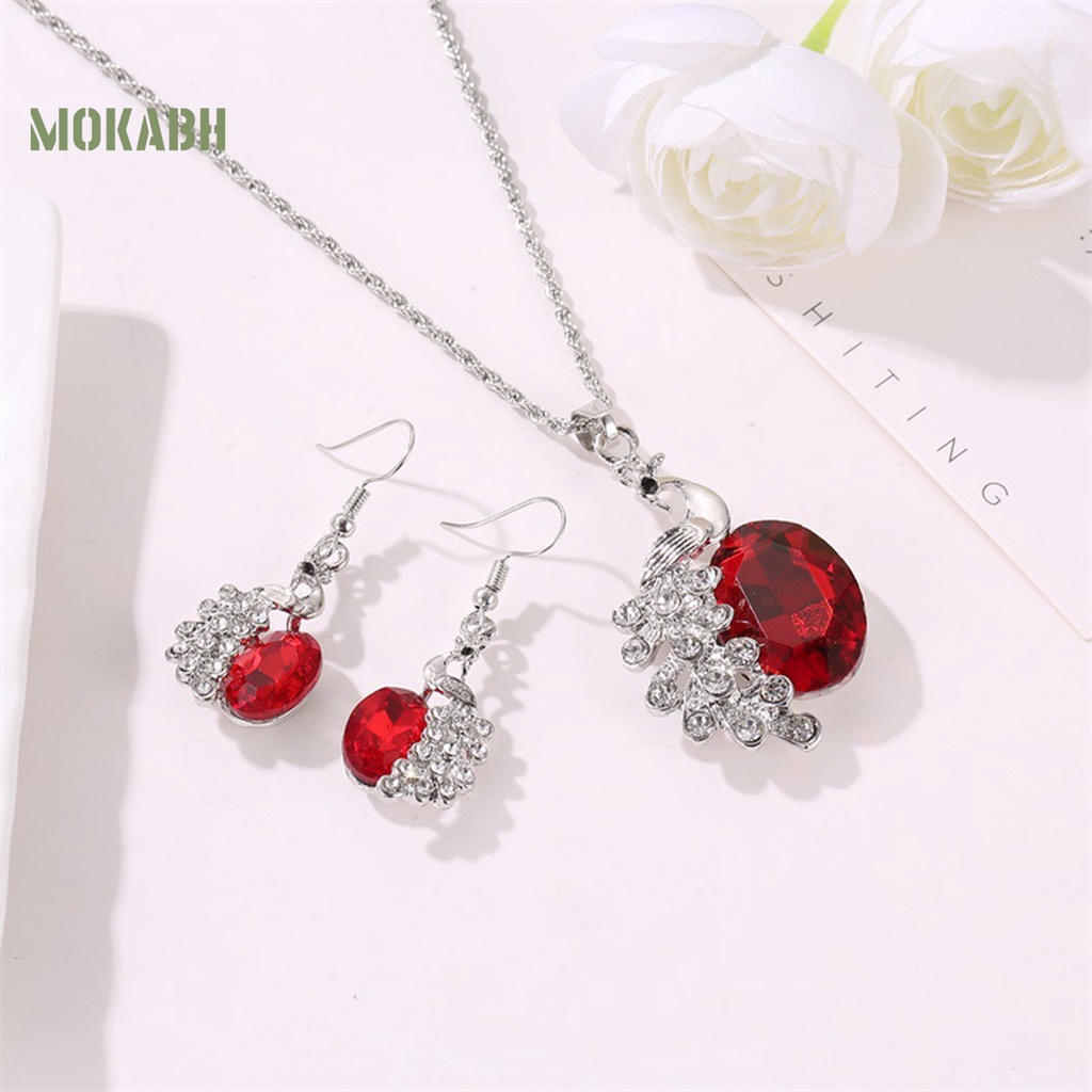 Bộ 2 Vòng cổ + Bông Tai Hình Chim Công Đính Đá Lấp Lánh