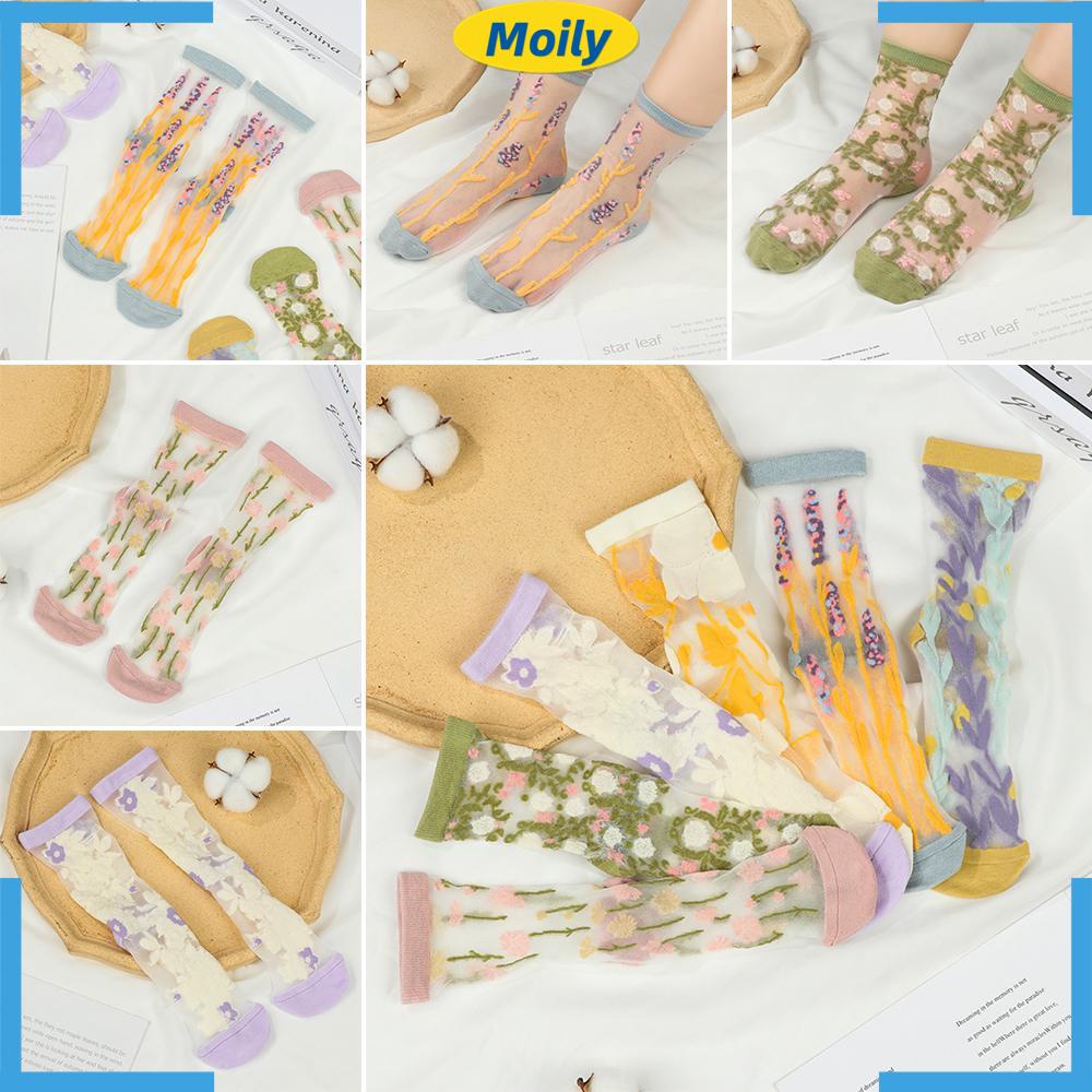 MOILYVN Vớ Cotton Mỏng Xuyên Thấu Họa Tiết Hoa Dễ Thương Dành Cho Nữ