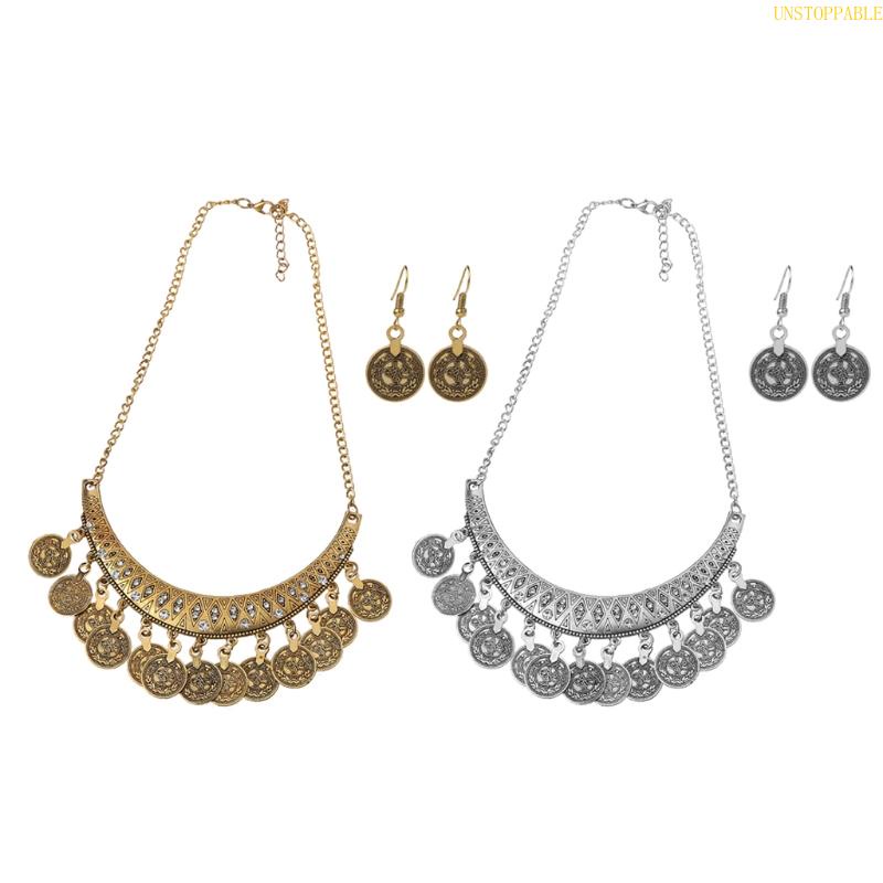 Set 2 Vòng cổ Bạc Mặt Đồng Xu Phong Cách Gypsy Dân Tộc