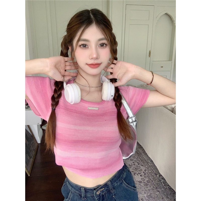 Áo Thun Ngắn Tay Dáng Ôm Họa Tiết Kẻ Sọc Thời Trang Mùa Hè Phong Cách Hàn Quốc Cho Nữ