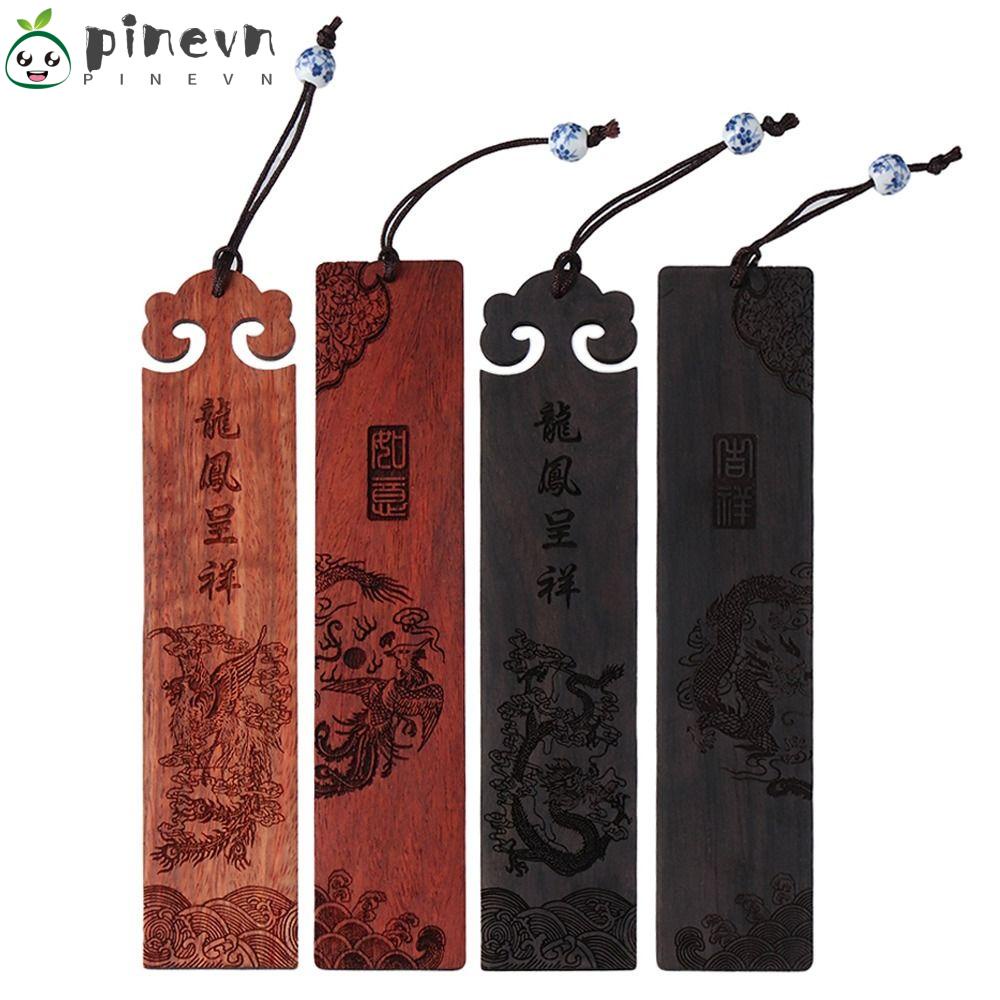 PINEVN Bộ 4 Thẻ Gỗ Đánh Dấu Trang Sách Phong Cách Trung Hoa Cổ Điển