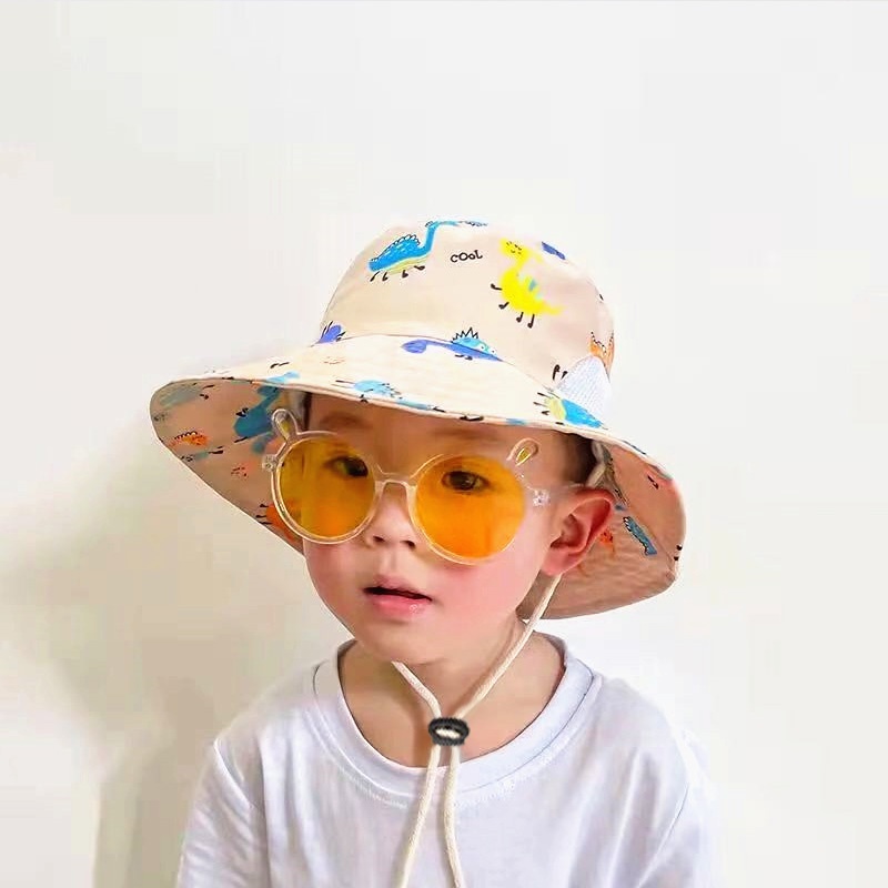 Mũ Tai Bèo Vành Rộng Chống Nắng / Gió Họa Tiết Khủng Long Hoạt Hình Cho Bé