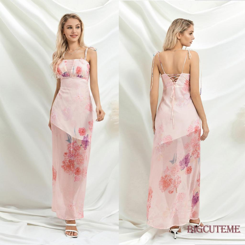 [] - Đầm Hai Dây Dáng Dài Không Tay Buộc Dây Hở Lưng In Hoa Mùa Hè Màu Hồng Cho Nữ Đi Tiệc Cocktail