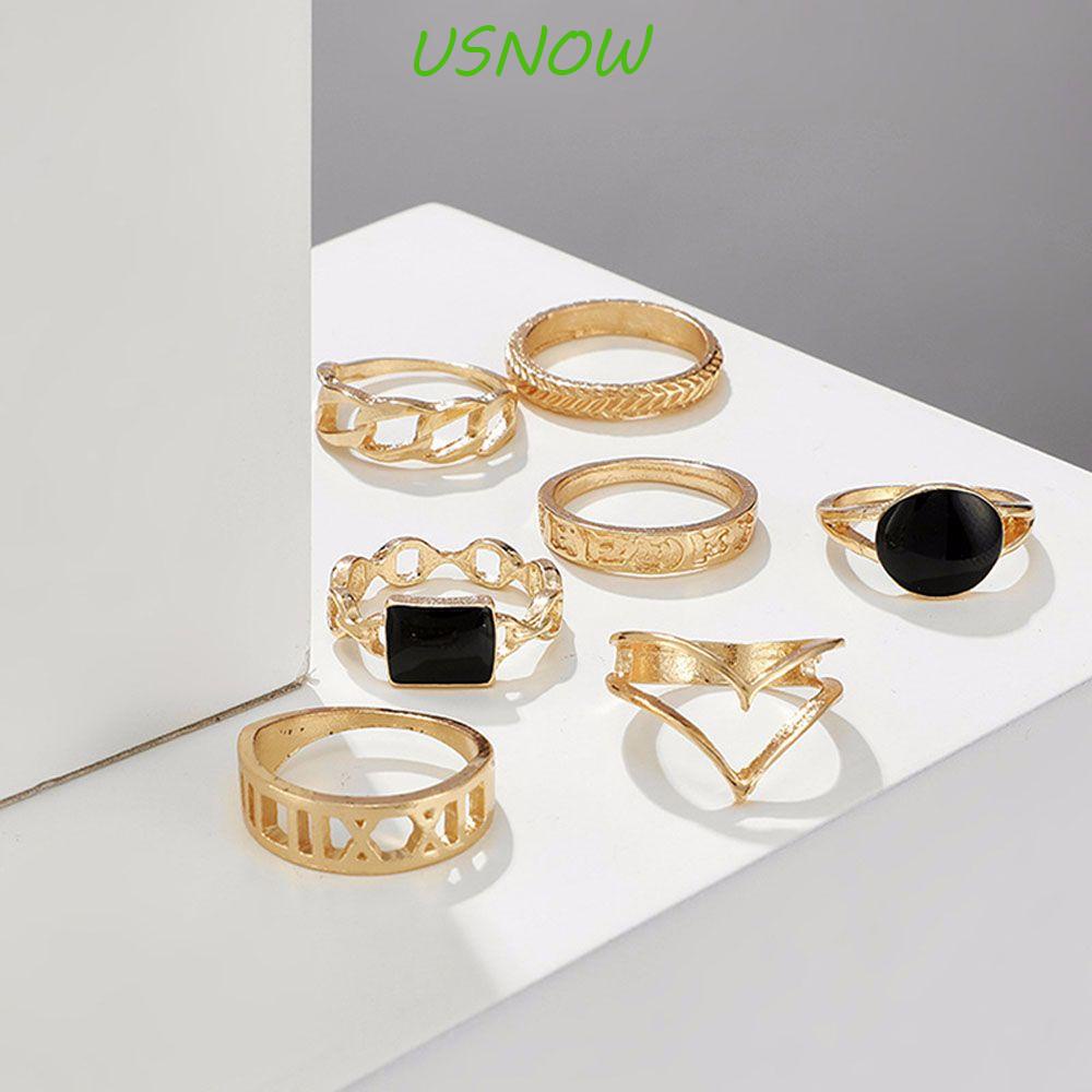 Set 7 Nhẫn Kim Loại Đính Đá Đen Phong Cách Hàn Quốc