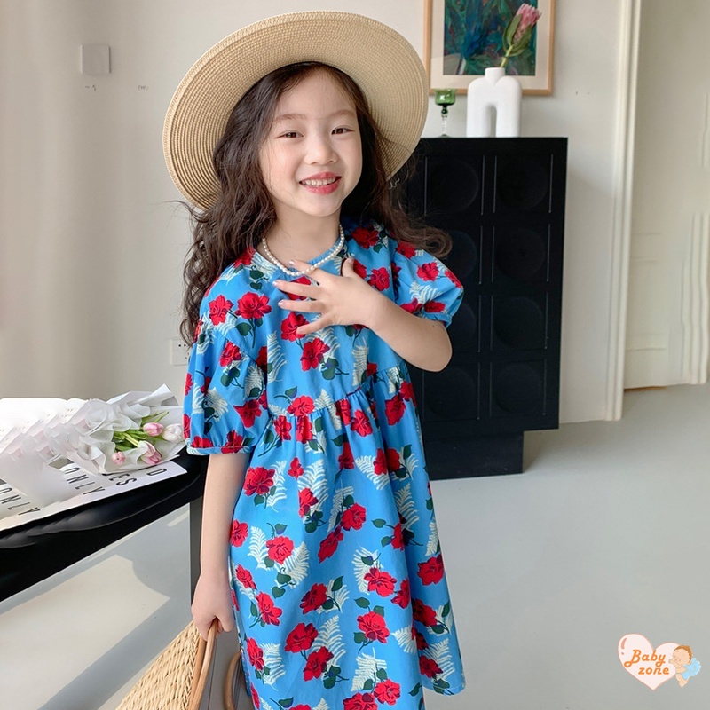 Korean Summer Girls' Round Neck Bubble Sleeves Flower Print Dress Children Baby Girl Fashionable Sweet Princess Dress