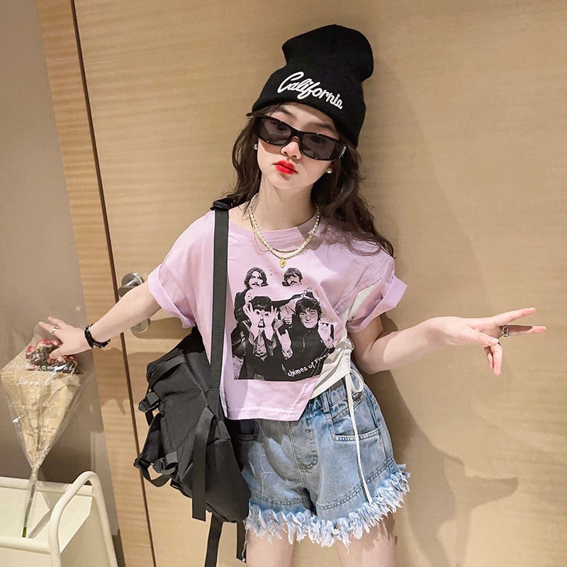 Bộ đồ thời trang mùa hè cho bé gái 2023 new t-shirt + quần short denim cắt xén 4-6-9-13 tuổi quần áo trẻ em