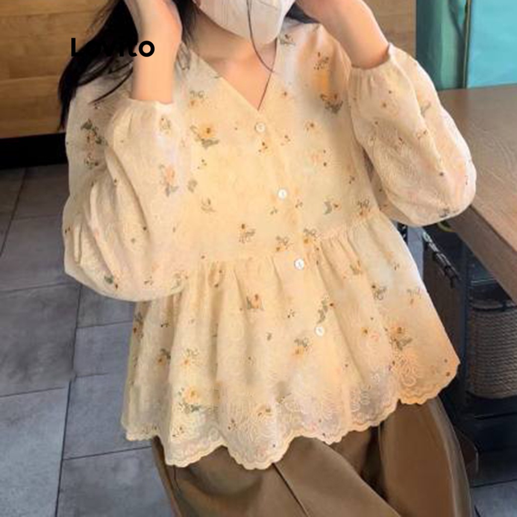 Áo kiểu Lovito tay dài thêu nút trước họa tiết hoa thường ngày cho nữ LNA08059