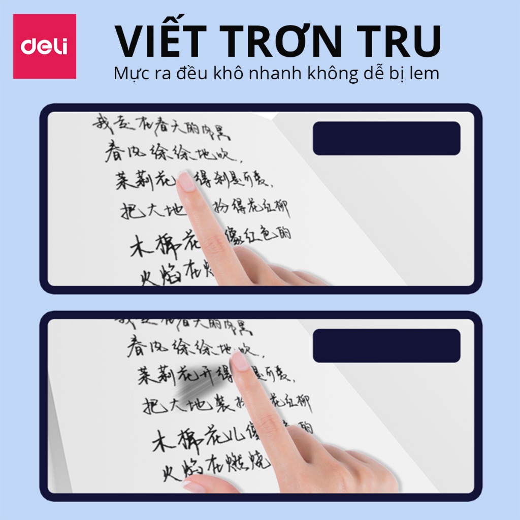 Bút bi bấm văn phòng mực đen ngòi 0.5mm Deli viết nét đều trơn tru cho học sinh có đệm tay cao su màu pastel