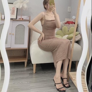 Đầm xốp nhật dây 2 dây nhúng phom dài om body