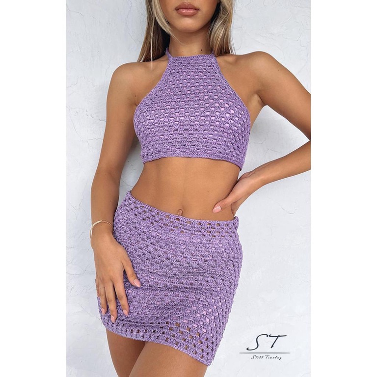 Bộ Áo Croptop Dệt Kim Không Tay Màu Trơn + Chân Váy Mini Lưng Buộc Dây Thời Trang Mùa Hè CY03