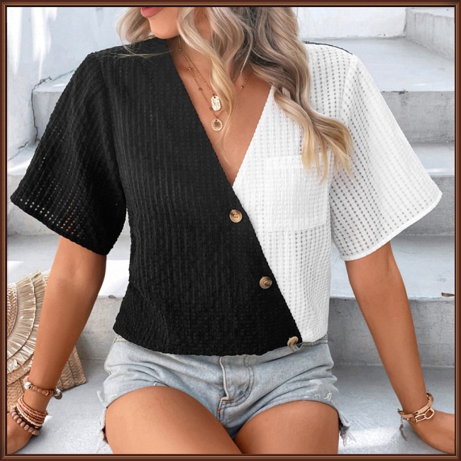 Áo Dệt Kim Tay Ngắn Cổ Chữ V Màu Sắc Tương Phản Thời Trang Cho Nữ