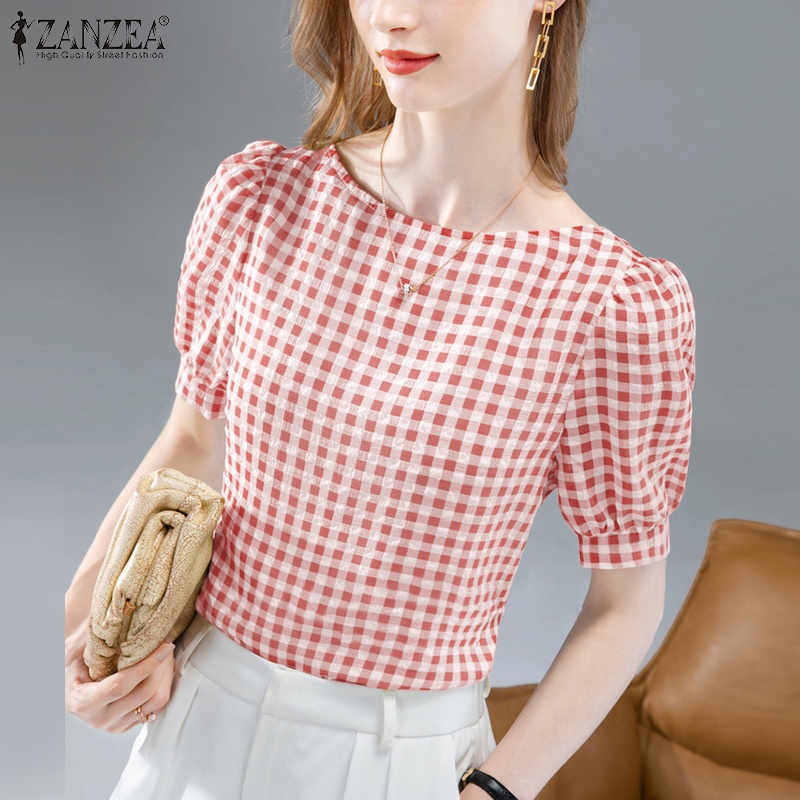 Zanzea Áo Sơ Mi Tay Ngắn Cổ Chữ O Họa Tiết Caro Phong Cách Bohemian Thời Trang Cho Nữ