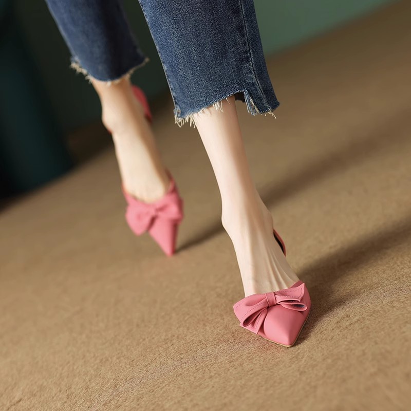 Duoya Tóc Thẳng ~ [Hàng Có Sẵn] Giày Sandal Cao Gót Da Thật Mềm Đính Nơ To Dễ Phối Đồ Cho Nữ Miễn Phí Vận Chuyển