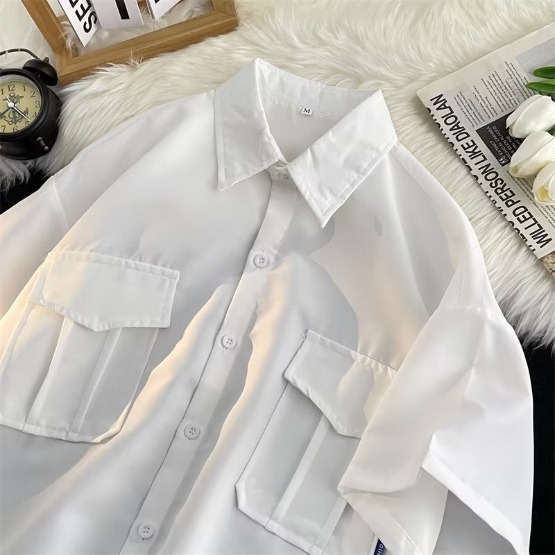 Áo Sơ Mi Ngắn Tay Màu Trơn Cổ Đứng Hai Túi Phong Cách Đường Phố Mỹ Thời Trang Mùa Hè 2023 Cho Nam