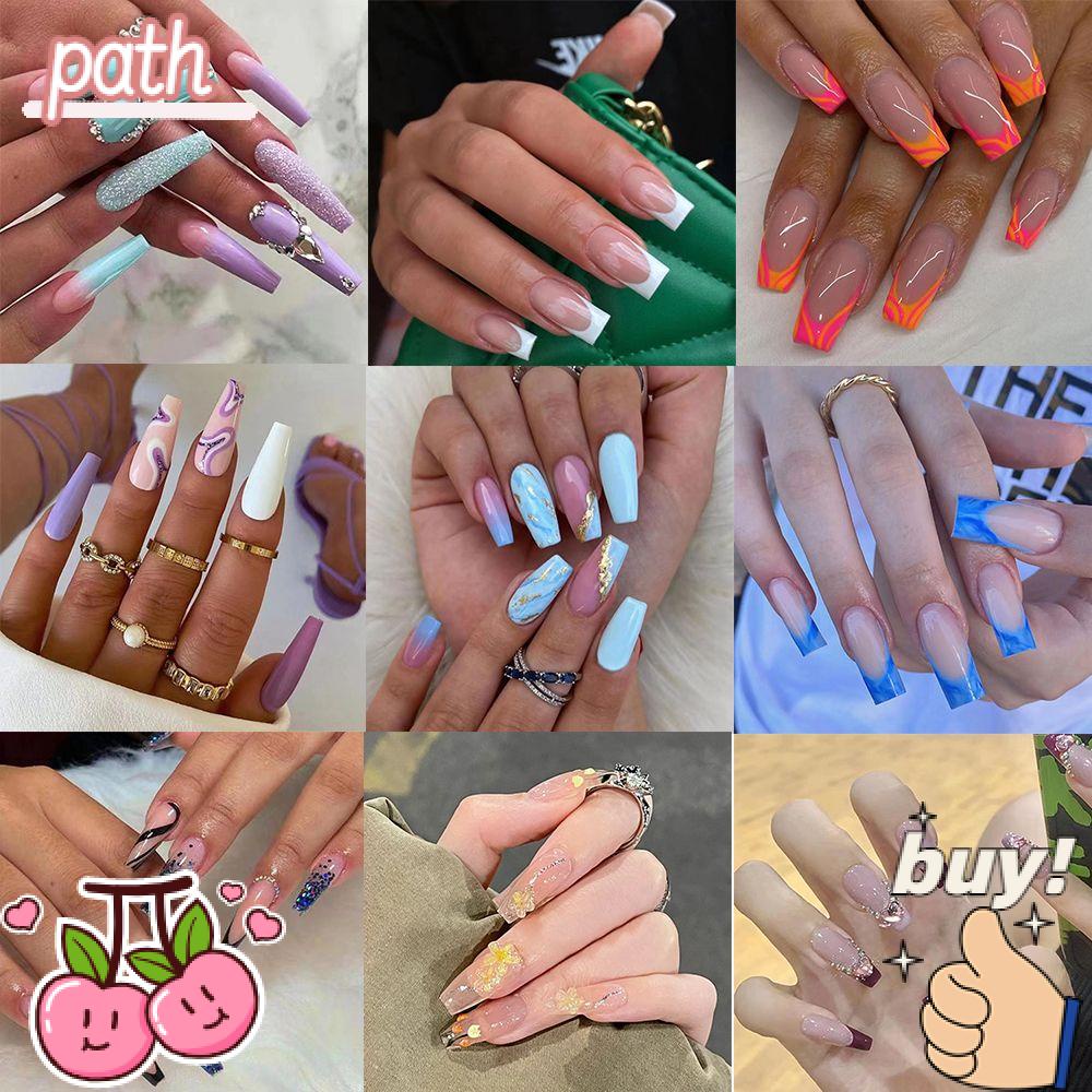 PATH Hộp 24 Móng Tay Giả Che Phủ Toàn Diện Đính Đá Giả Kim Cương Có Thể Tháo Rời