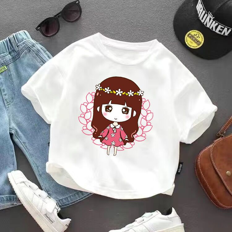 Áo Thun Cotton Ngắn Tay Màu Trơn In Họa Tiết Hoạt Hình Cho Bé Gái