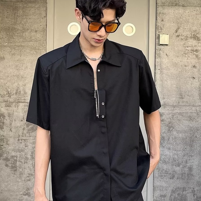 Áo Sơ Mi Tay Ngắn Dáng Rộng Màu Trơn Có Khóa Kéo Phong Cách Hàn Quốc Thời Trang Mùa Hè Hàng Mới Dành Cho Bạn Nam