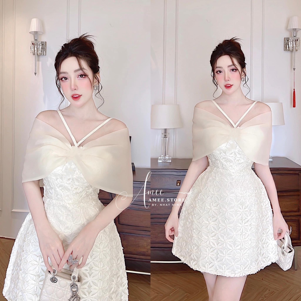 Đầm cổ yếm trễ vai đi tiệc chất tafta lưới hoa phối tơ oganza dáng ngắn có đệm vòng 1 freesize A346 KimHoa77
