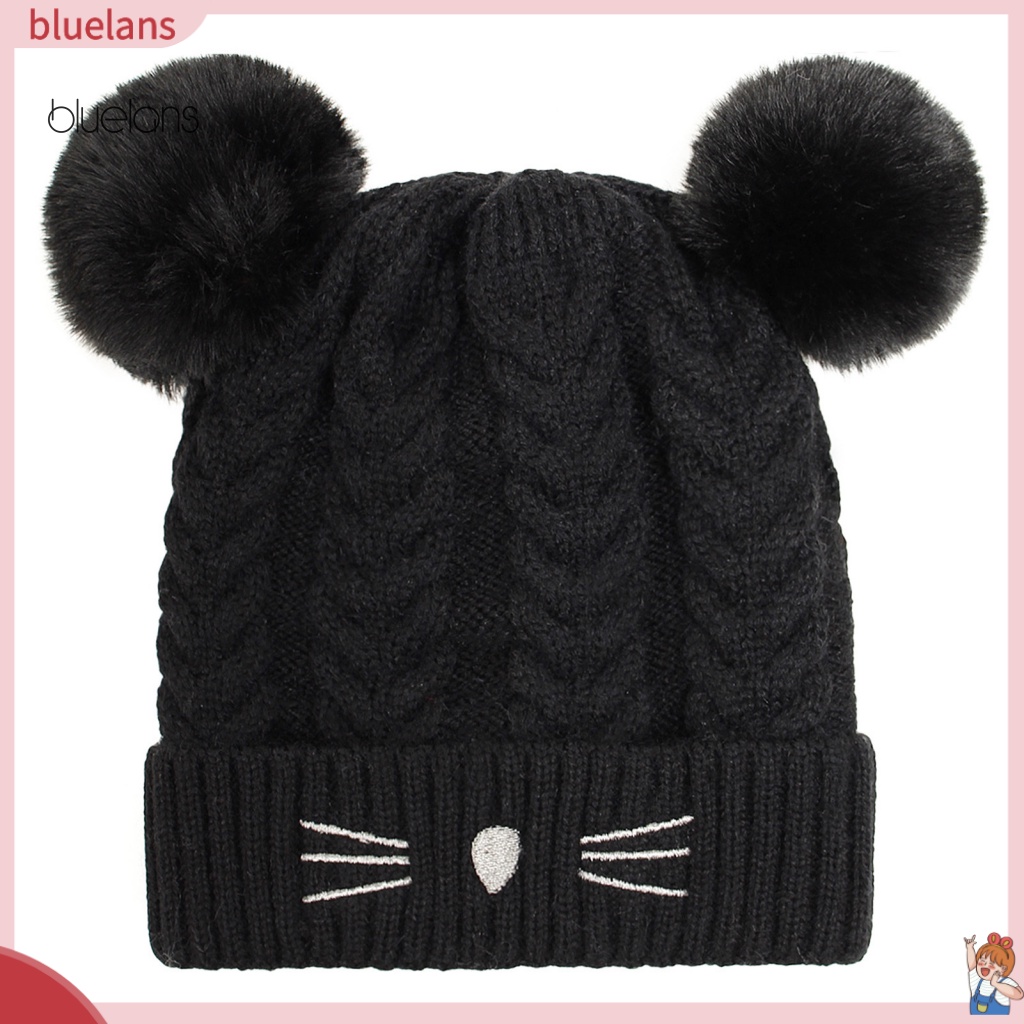 Mũ Beanie Đính Hai Quả Bông Dày Dặn Họa Tiết Hoạt Hình Dễ Thương Cho Bé Gái
