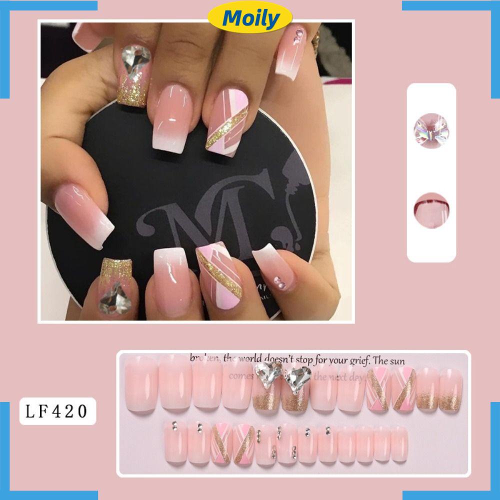 MOILYVN Set 24 Móng Tay Giả Hình Trái Tim Đính Pha Lê