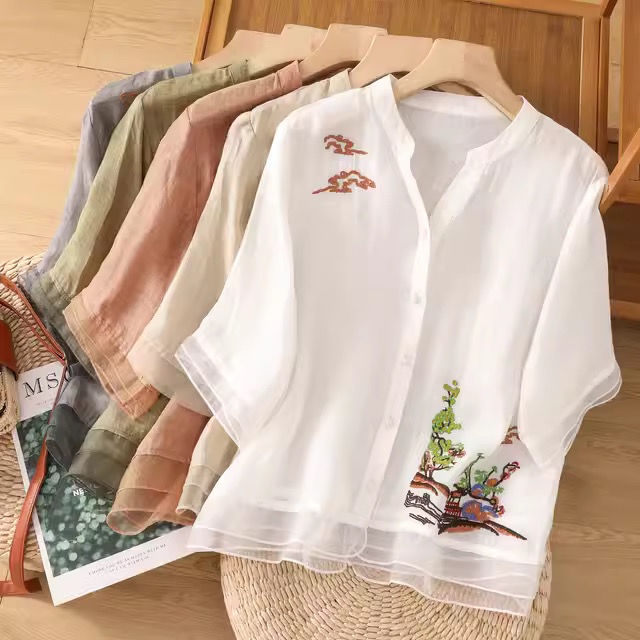 Áo Sơ Mi Cotton Lanh Cao Cấp Cổ Chữ V Thêu Họa Tiết Thời Trang Xuân Hè Cho Nữ