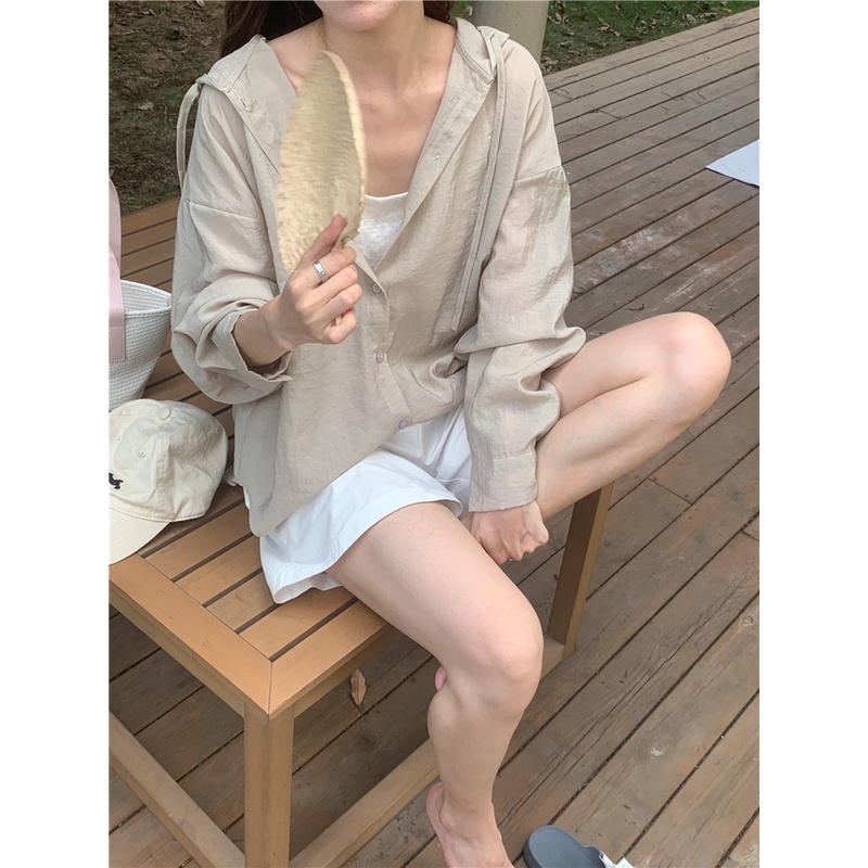 SUXI Áo Sơ Mi Chống Nắng Tay Dài Có Mũ Trùm Kiểu Hàn Quốc Dễ Phối Đồ