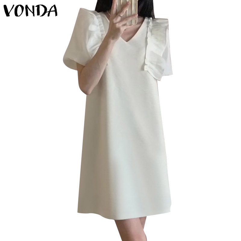 Đầm Chữ A Tay Ngắn Phồng Cổ Chữ V Màu Trơn Phong Cách Hàn Quốc Dành Cho Nữ