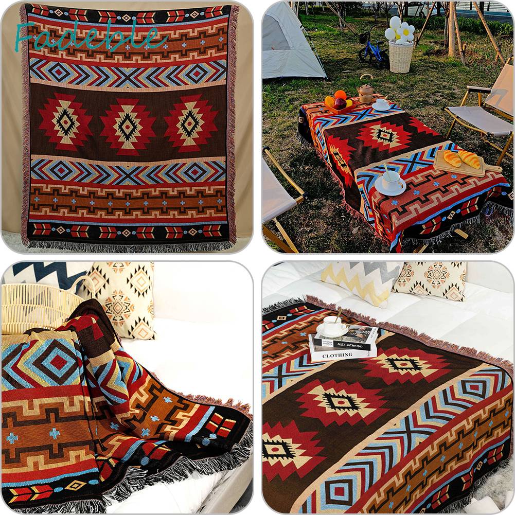 Thảm Cotton Dệt Kim Họa Tiết Thổ Cẩm Phối Tua Rua Có Thể Gấp Gọn Tiện Dụng Mang