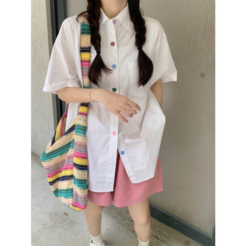 Áo Sơ Mi Tay Ngắn Dáng Rộng Cài Nút Nhiều Màu Thời Trang Mùa Hè Cho Nữ