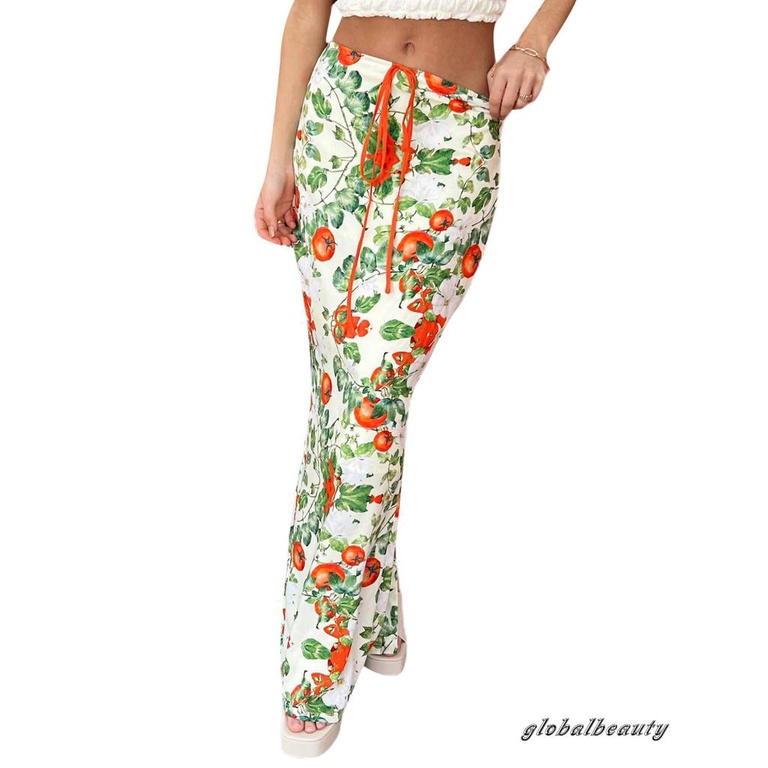 Chân Váy Bút Chì Dáng Dài In Họa Tiết Lá Cà Chua Phối Dây Rút Thời Trang Mùa Hè Cho Nữ