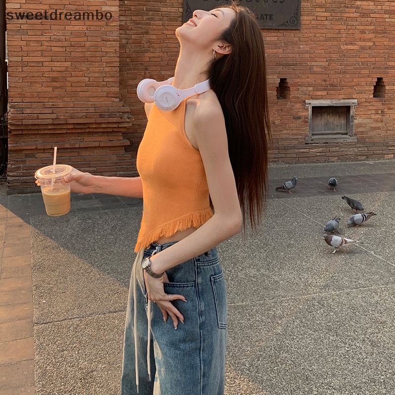 Áo Hai Dây Mùa Hè Áo hai dây Dệt Kim Tua Rua Áo ba lỗ mỏng không tay gợi cảm cho nữ drn