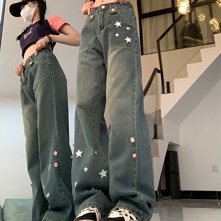 Quần Jeans Nữ Lưng Cao Ống Rộng In Hình Ngôi Sao Thời Trang Hàn Quốc