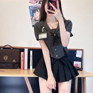 Bộ Áo Sơ Mi Ngắn Màu Xám Đen Cổ Thủy Thủ + Chân Váy Xếp Ly Ôm Eo Phong Cách Mỹ Dành Cho Bạn Nữ jk
