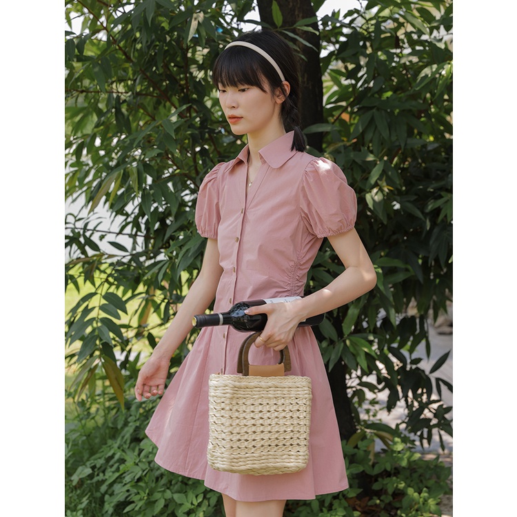 Váy sơ mi hồng tay bồng bo eo dáng ngắn size S M L XL hàng thiết kế YAM MiNi STORE