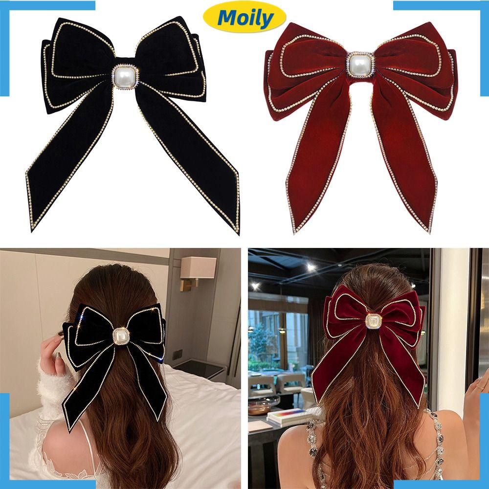 MOILYVN Kẹp Tóc Nơ Vải Nhung Đính Ngọc Trai Nhân Tạo Thời Trang