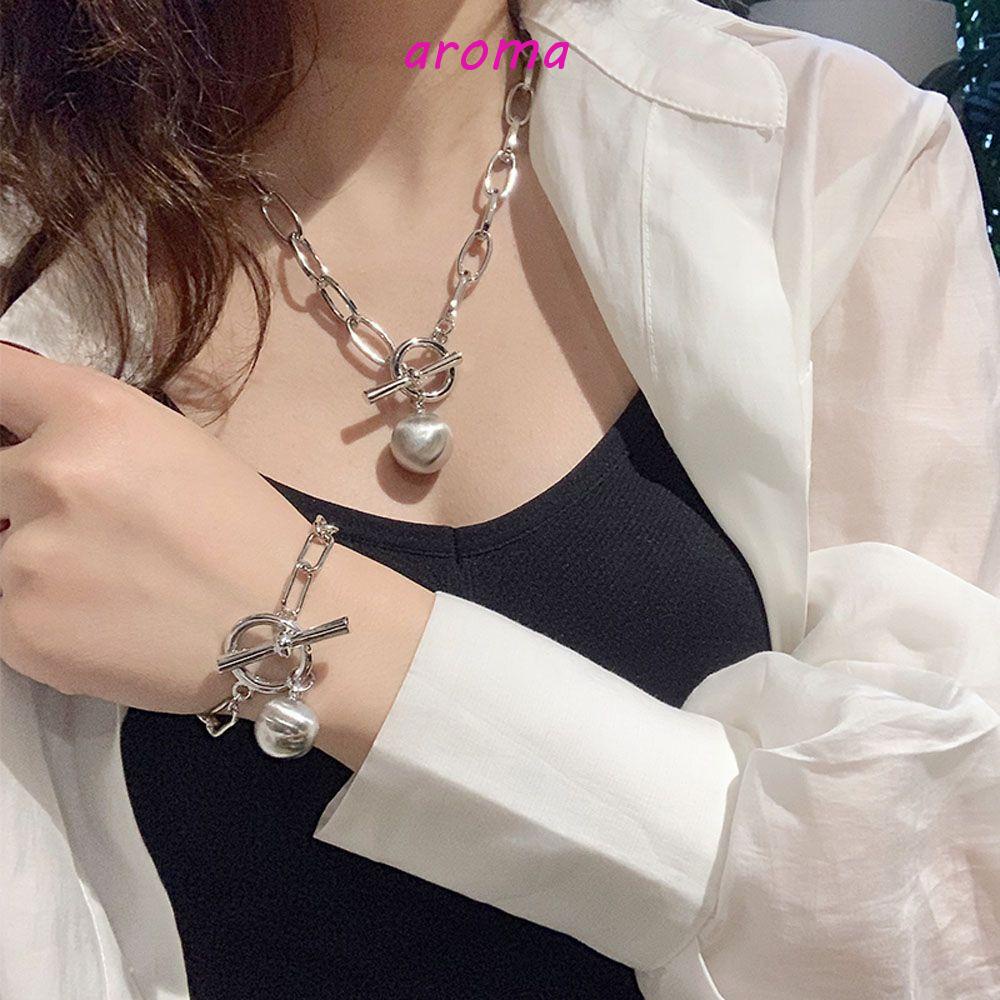 AROMA Vòng Đeo Tay Dây Xích Dày Mặt Hình Học Bằng Kim Loại Sành Điệu