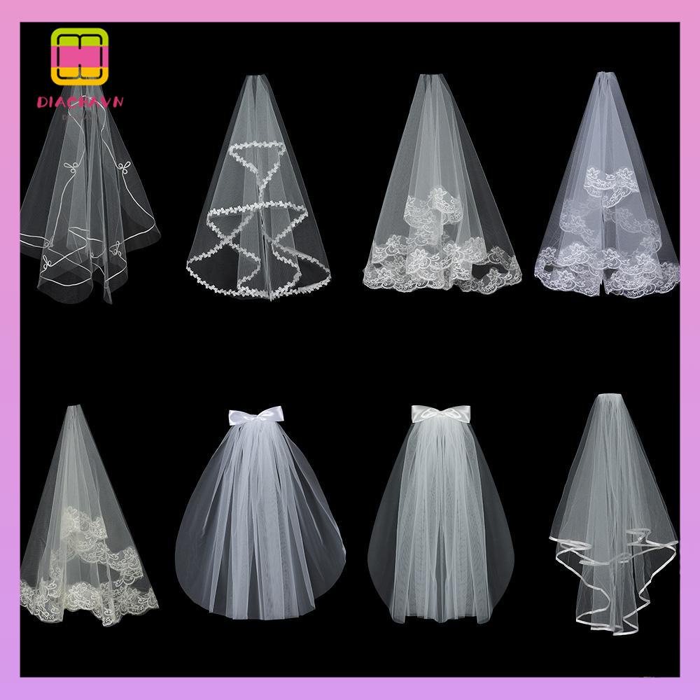 DIACHAVN Mạng Che Mặt Hai Lớp Viền Ren Màu Trắng Ngà Kèm Lược Cài Tóc Cho Cô Dâu