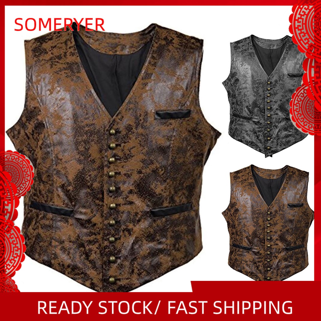 (someryer) Áo Ghi Lê Không Tay Cổ Chữ V Phong Cách Steampunk Vintage Mặc Hàng Ngày Cho Nam